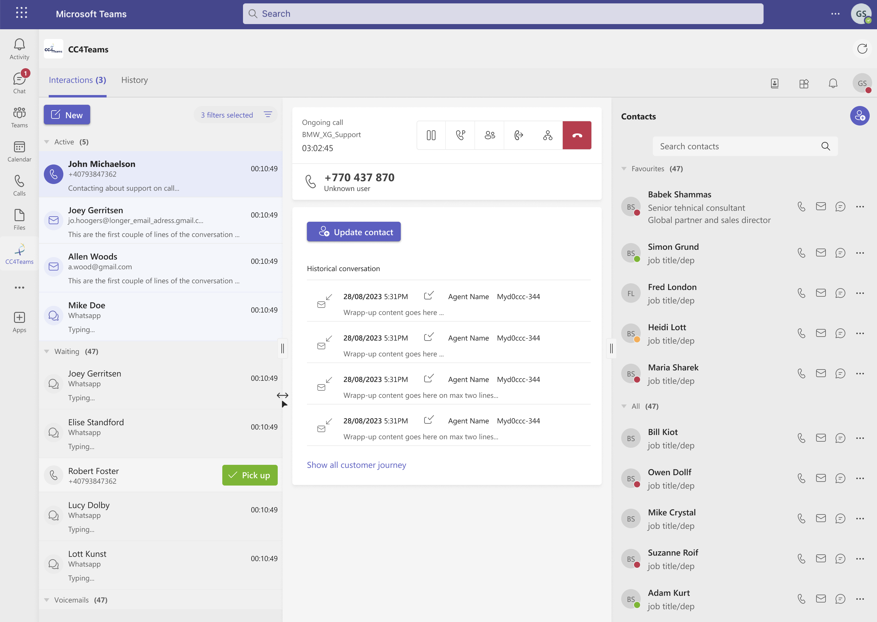 CC4Teams live call interaction with contacts panel in Microsoft Teams