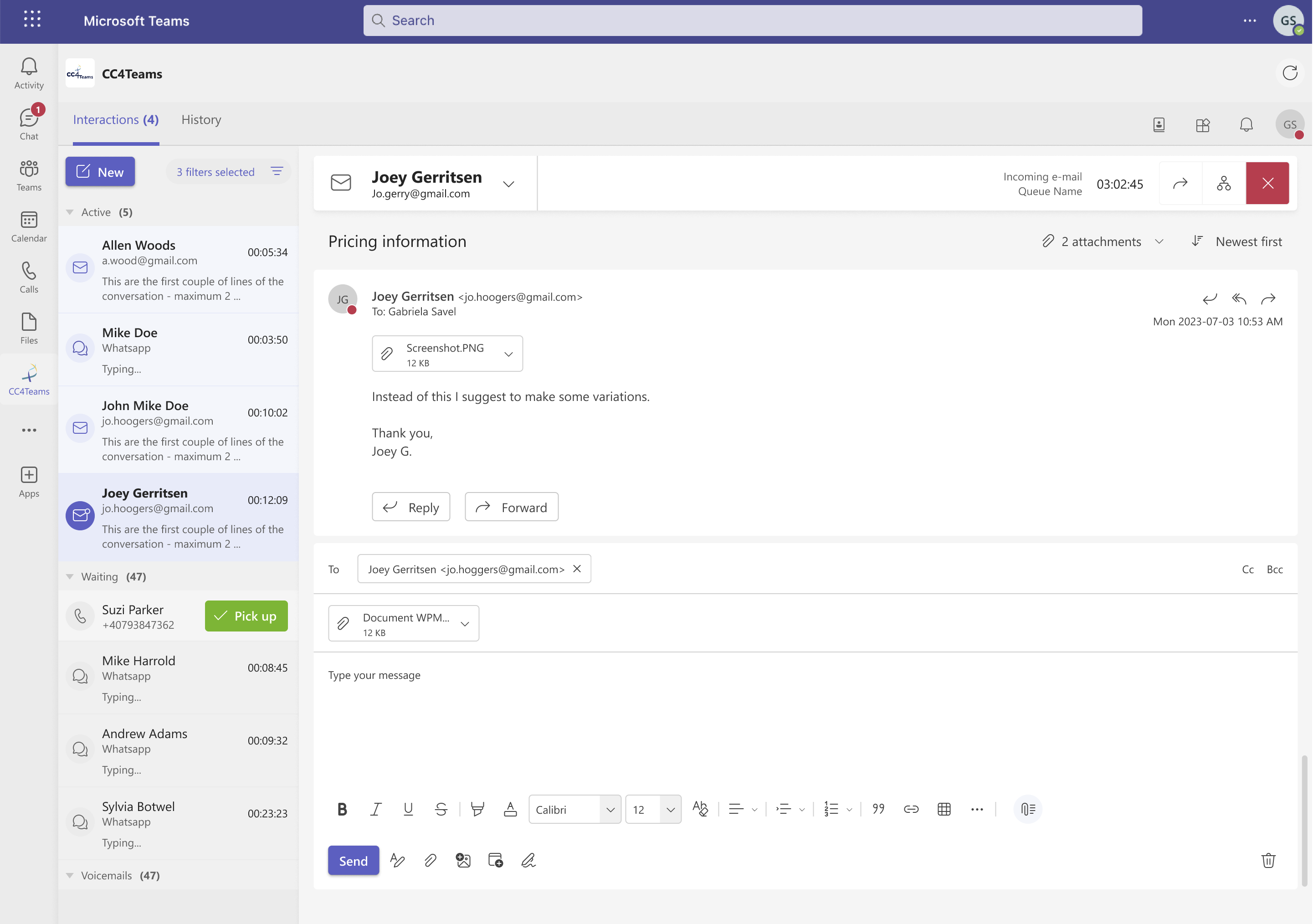 CC4Teams queued e-mail interaction with reply composer