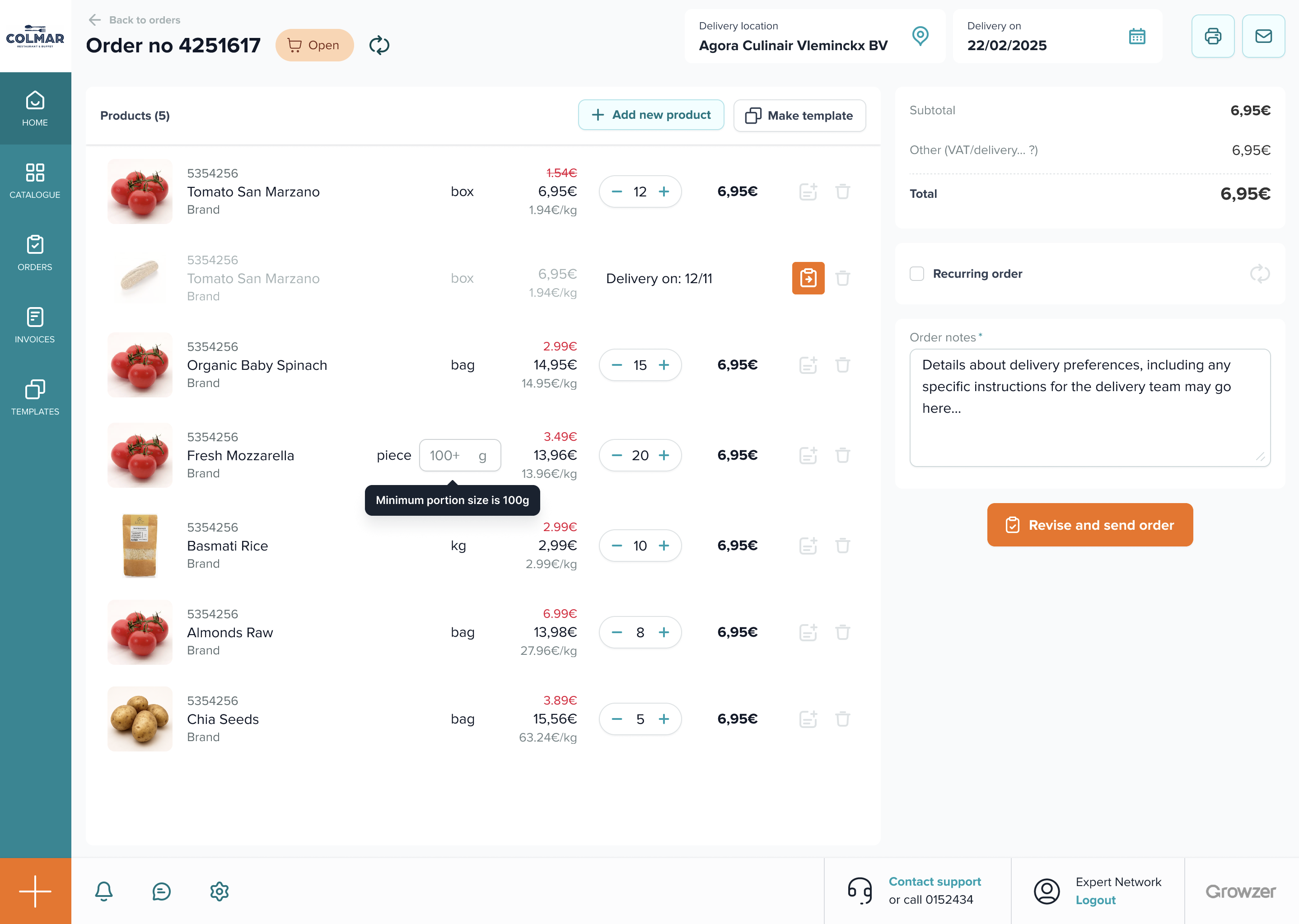 Colmar order detail with product lines, pricing and delivery notes