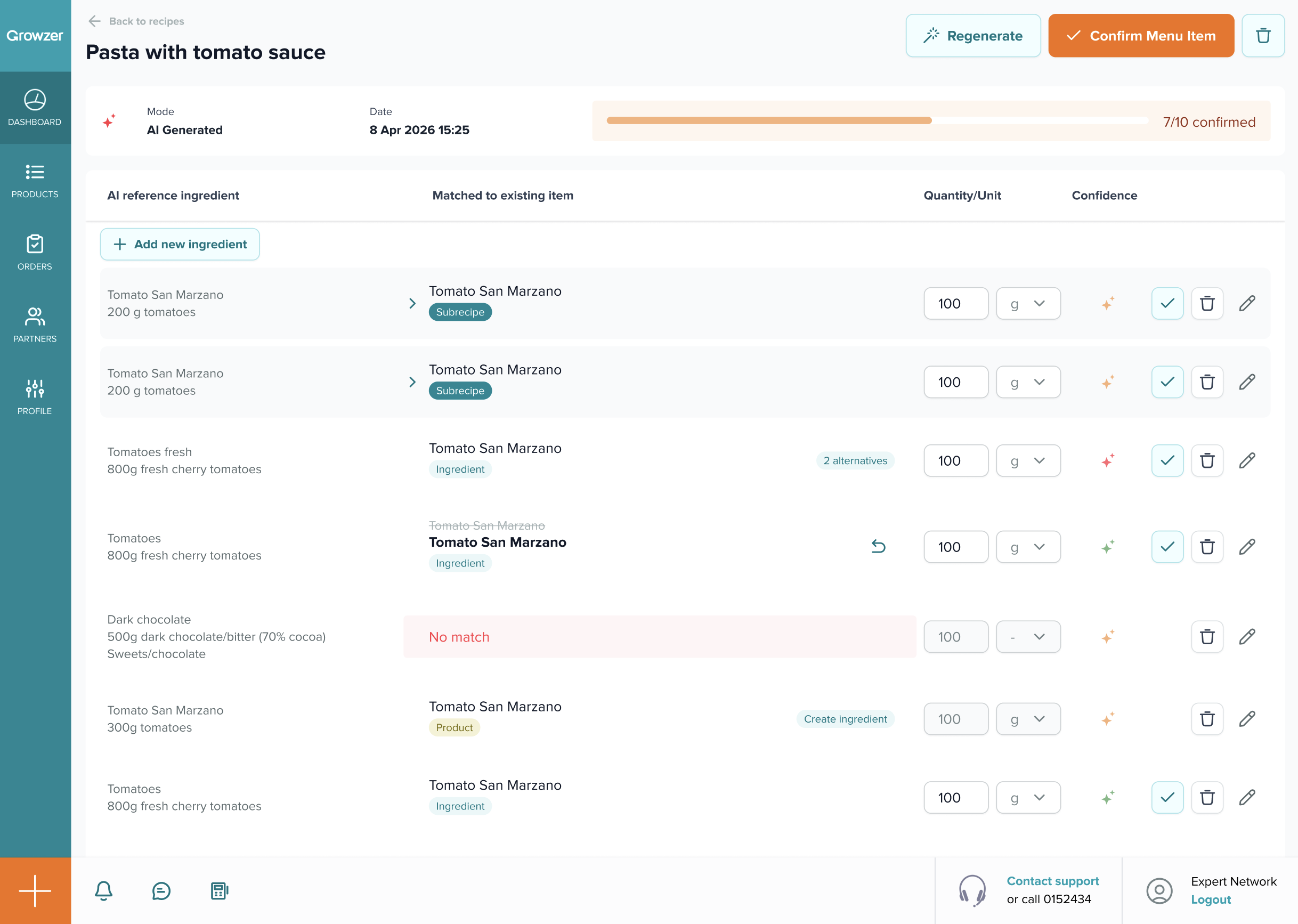 Growzer AI-generated menu item with ingredient matching