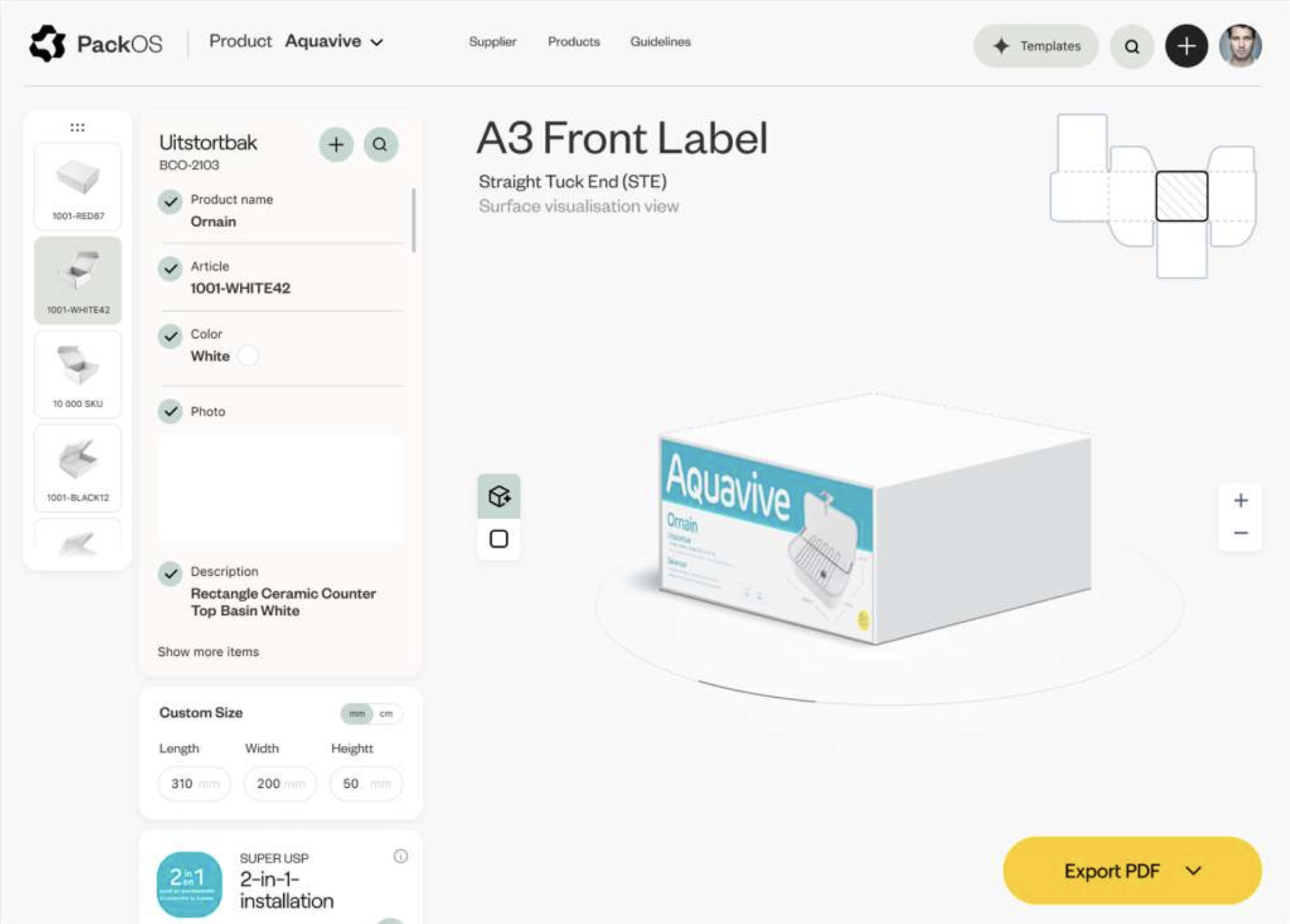 PackOS A3 front label editor with product data and 3D packaging preview