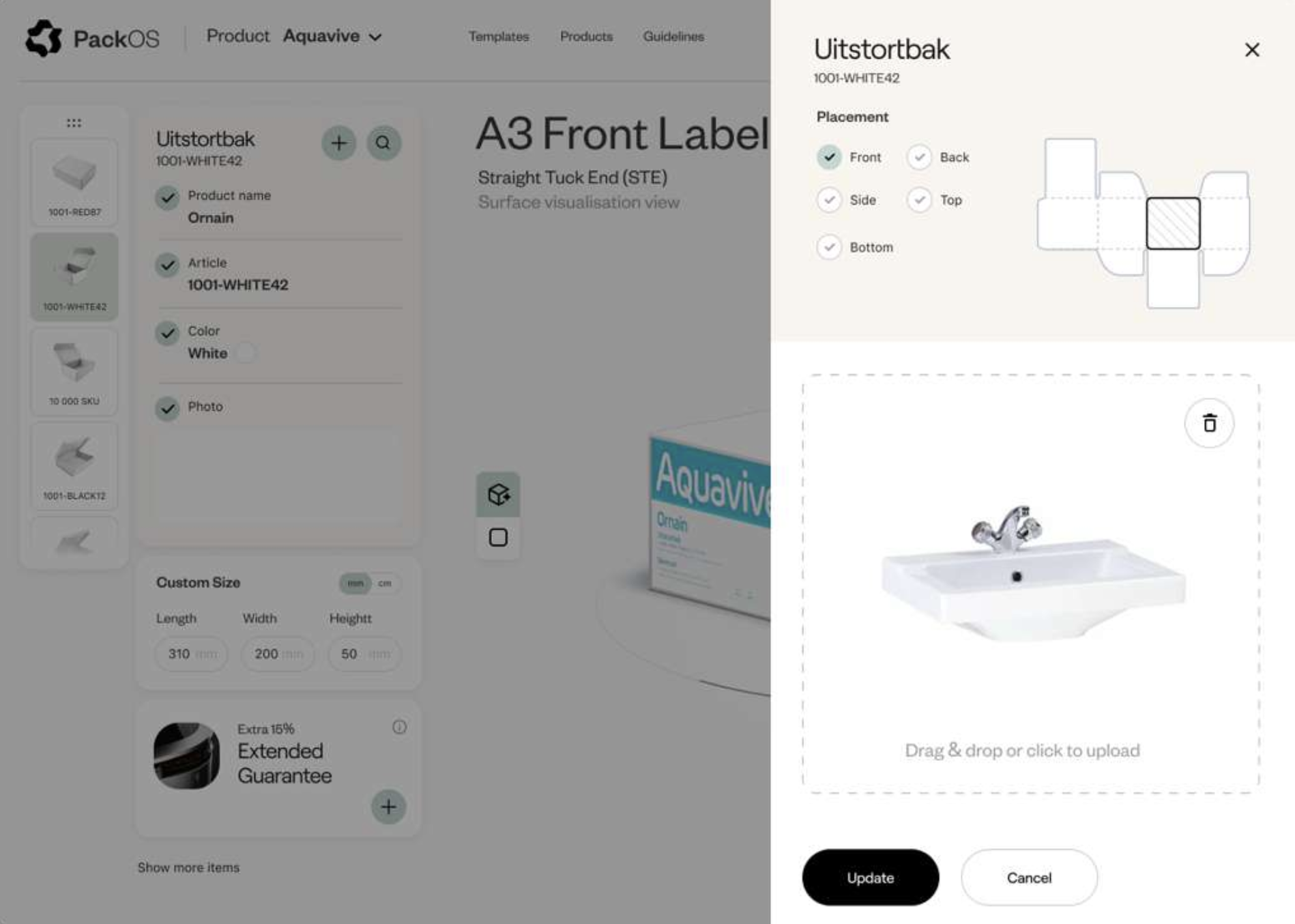 PackOS product photo placement panel on the packaging dieline