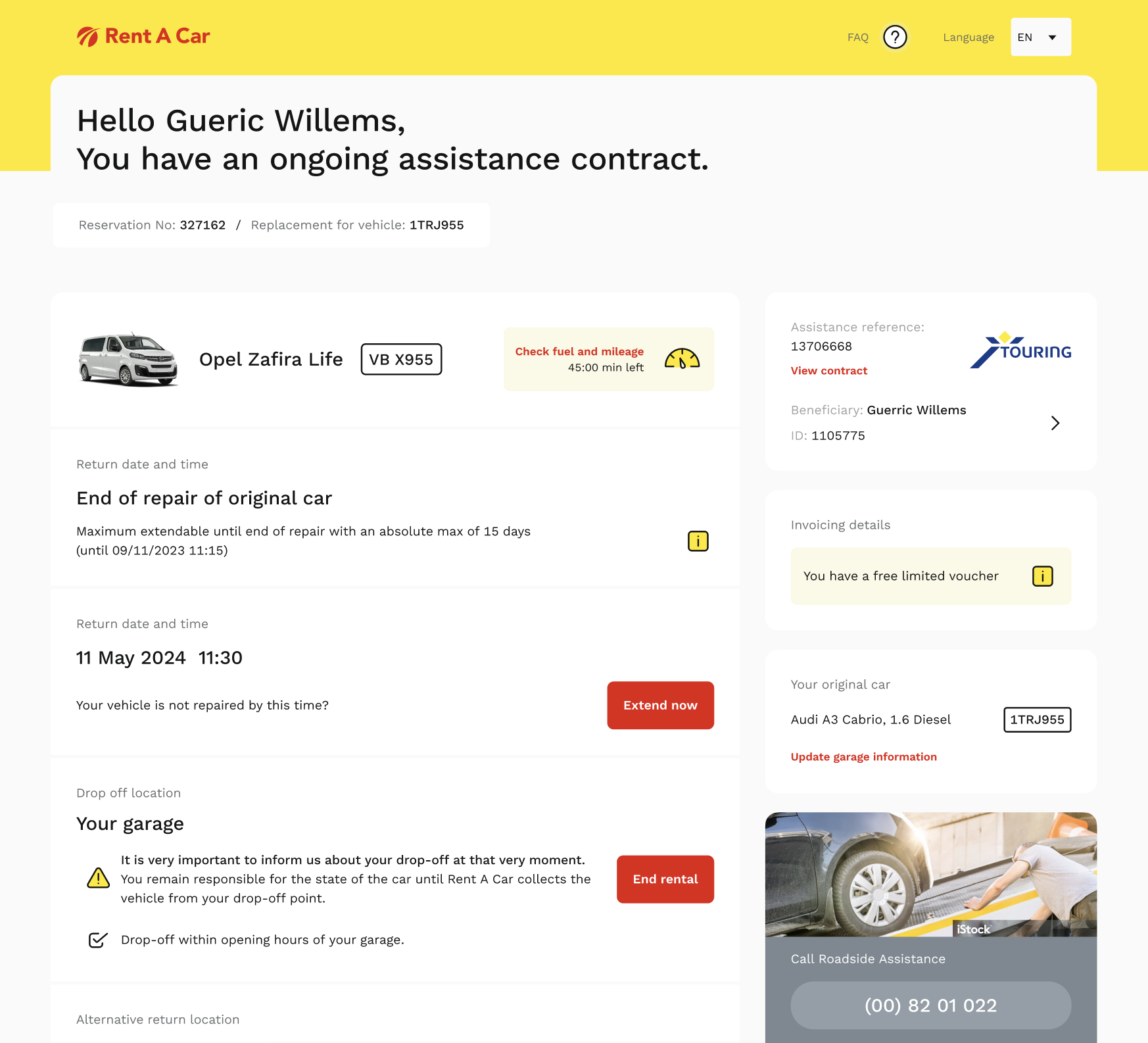 Rent A Car ongoing assistance contract screen