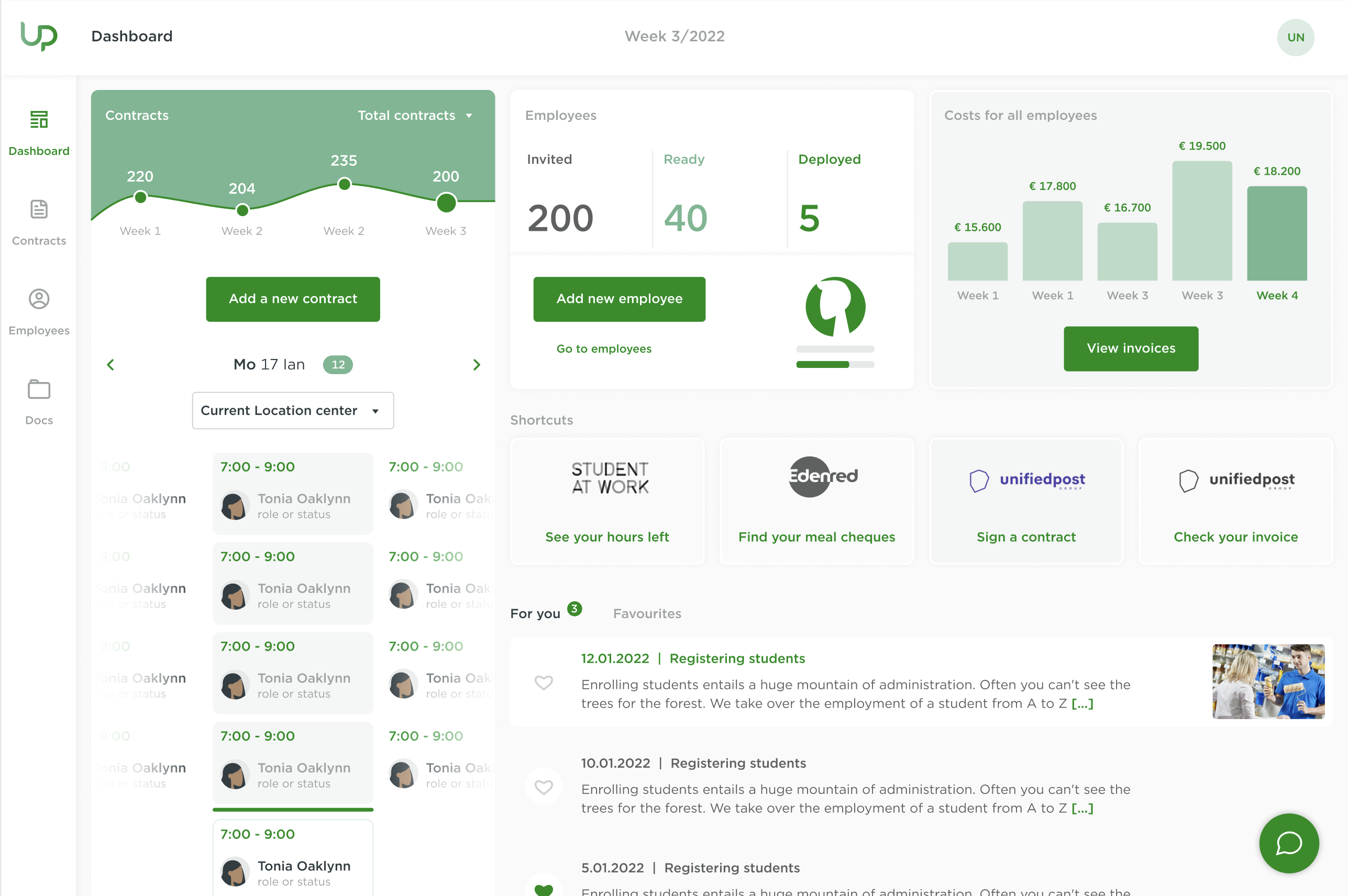 Updatepro dashboard with contract volume, employee status and costs